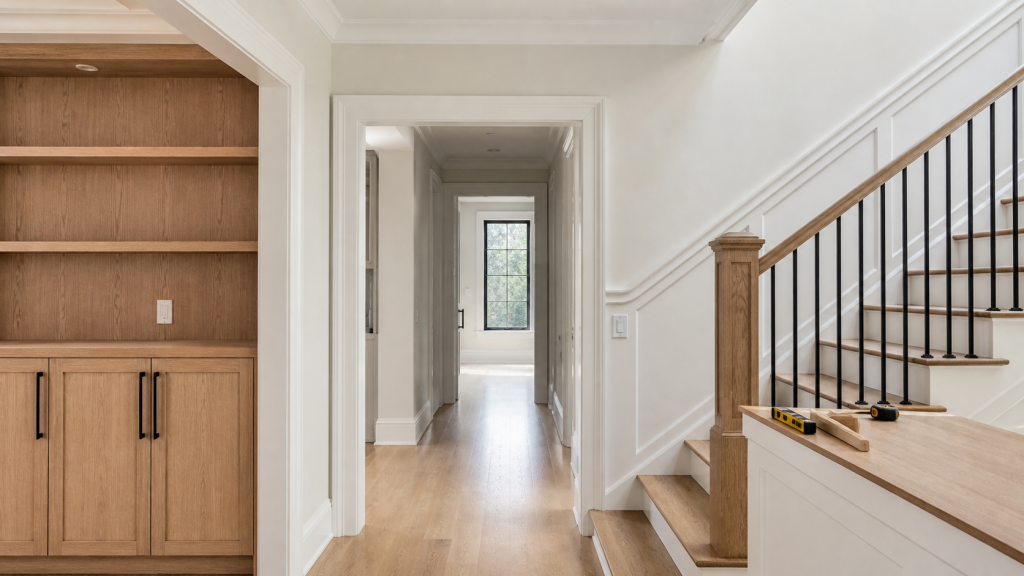 New-build finish carpentry in a modern Toronto GTA home featuring custom millwork, trim, mouldings, built-ins and hardwood flooring.
